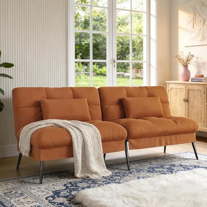 COMHOMA 72″Futon Sofa BedModern Convertible Sleeper Sofa Fabric Futon Couch with Multi-Position Backrest for Living Room Furniture (Brown)