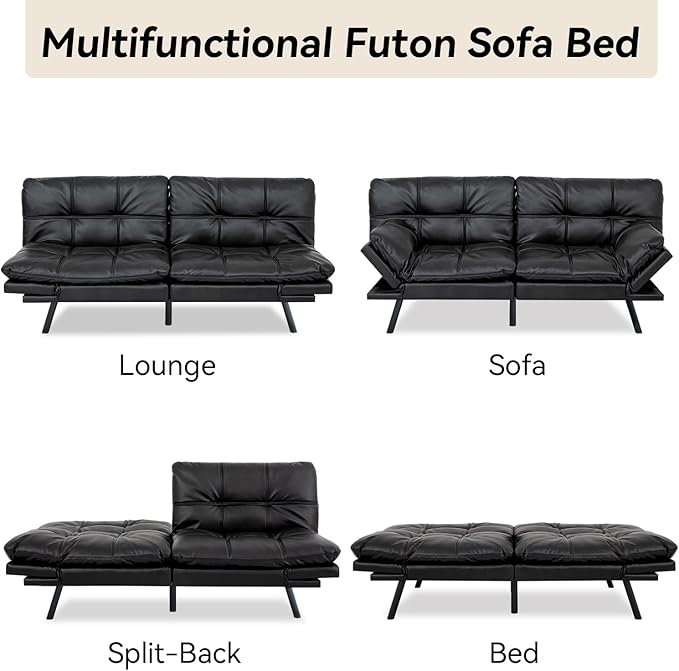 Hcore Convertible Futon Sofa Bed CouchMemory Foam Futon Couch BedLoveseat Sleeper Sofa BedSmall Splitback Faux Leather Modern Sofa Couch for Living RoomOfficeApartmentMatte Black
