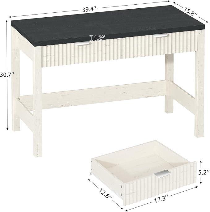 Fluted Computer Desk with 2 Drawers 39 Inch Small Computer Desk with Storage Compact Writing Study Desk for Small Spaces Black and White
