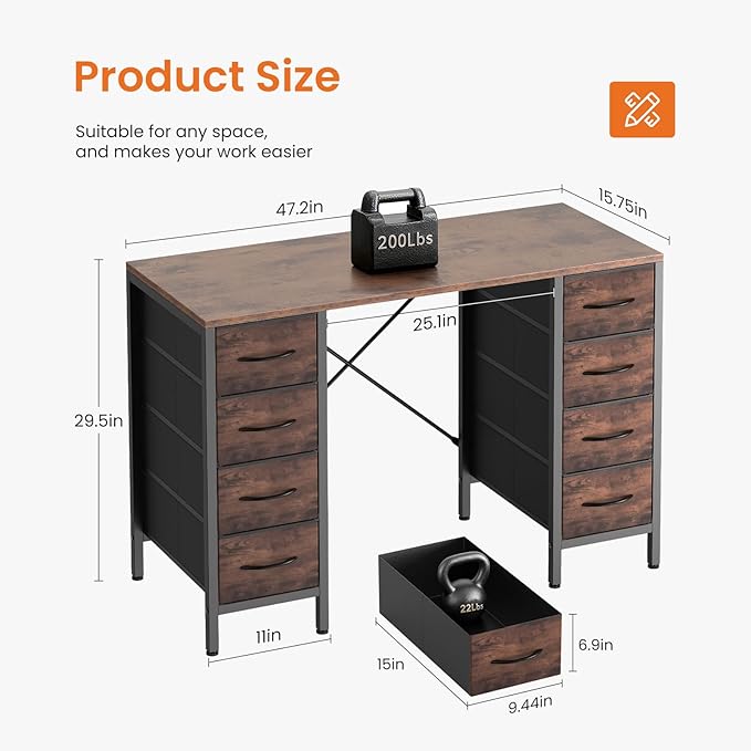 Sweetcrispy Desk with 8 Fabric Storage Drawers Computer Office 47 Inch Gaming Writing Study Table with X-Shaped Reinforced Structure for Home Office Bedroom PC Desk Brown