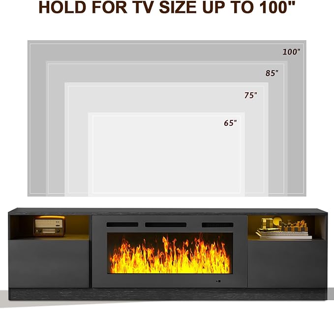 oneinmil 90” TV Stand with 50” Electric Fireplace Large Modern Media Entertainment Center with Storage Cabinet and 12 Colors LED Lights for TVs Up to 100 Black+Black