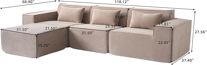 JACH L-Shaped Cloud Sectional Couch 118 Huge Plus Modular Couch Modern Comfy Cloud Fleece Couches with Reversible Chaise Ottoman Sofas Furniture for Living Room Office Apartment Brown