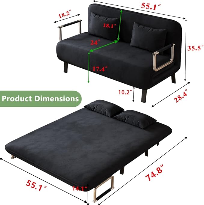 Convertible Queen Sleeper Chair Bed 55 Tri-Folding Sofa with 6 Adjustable Backrests Comfy Velvet Loveseat Sleeper Modern Futon Sofa Bed for Living RoomSmall SpaceOffice (Black)
