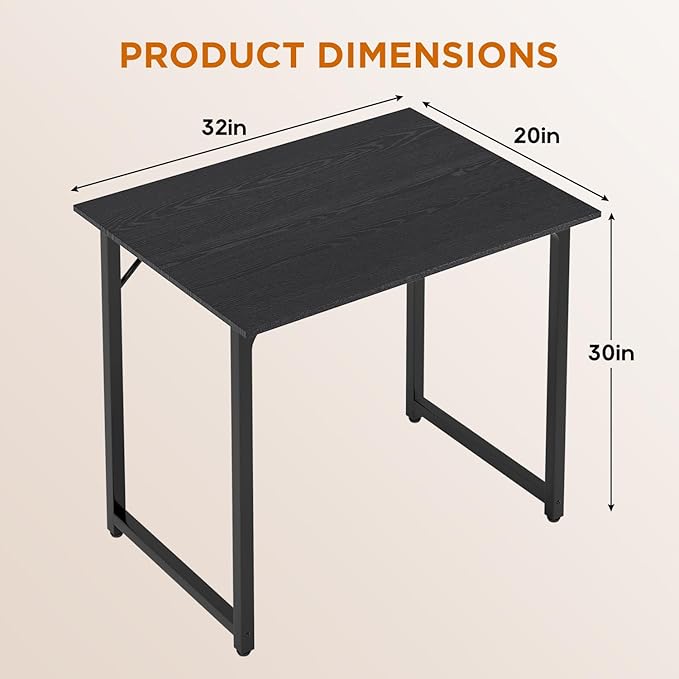 PayLessHere | 32 Inch Computer Desk | Black | Office Desk with Metal Frame Adjustable Feet | Water-Resistant Scratchproof Surface | Sturdy Writing Table for Home Office or Study | Pack of 1