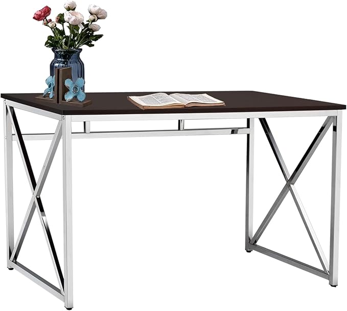 Penau Modern Office Desk with Chrome Legs 47-Inch Writing Surface Durable Engineered Wood Top Easy Assembly Brown