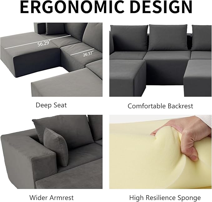 Cloud Sectional Couch 110 Inch Modern Modular Sectional U-Shaped Chenille Cloud Sofa with 2 Movable Ottomans Deep Seat Boneless Upholstered Couches for Living RoomNo Assembly RequiredGrey