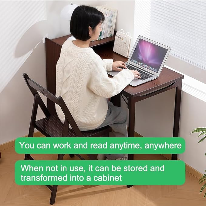 KEIKI Extendable Computer Desk Bamboo Folding Desk Computer Desk with Hidden Storage and Built-in Socket Mid Century Foldable Table for Home Office and Bedroom Walnut Brown