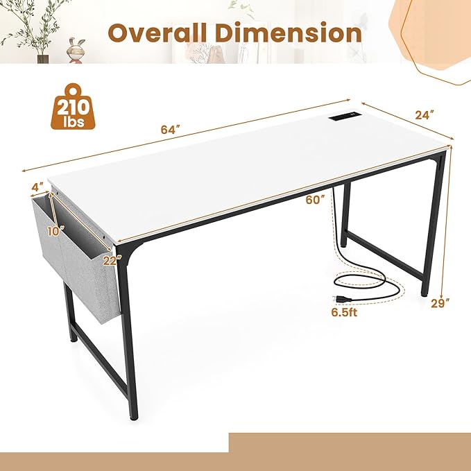 Giantex 60 Inch Computer Desk with Charging Station Home Office Writing Desk with Storage Bag &amp Headphone Hook Large Gaming Table PC Workstation Modern Simple Laptop Desk for Bedroom Study