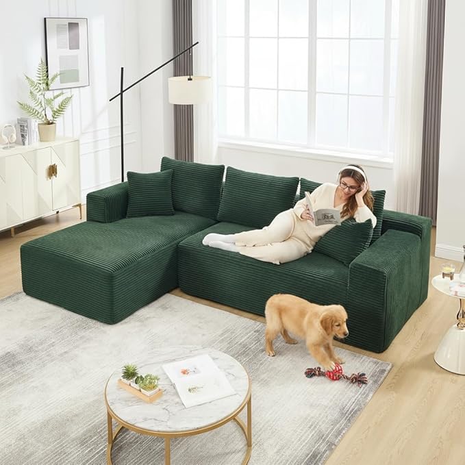 PELUMY 108.7 L-Shaped Cloud Couch with Memory Foam Corduroy Modular Sectional Sofa with Oversized Chaise No Assembly Required Sleeper Sofa for Living Room Apartment (Green Left-Facing)