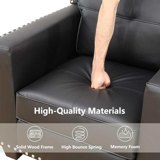 Modern 3-Seater Sofa with Softy Backrest Cooper Nail Comfortable Large couches for Living Room with Overstuffed Cushion Modern Leather Couch Set for Bedroom Apartment(Black-Faux LeatherSofa)