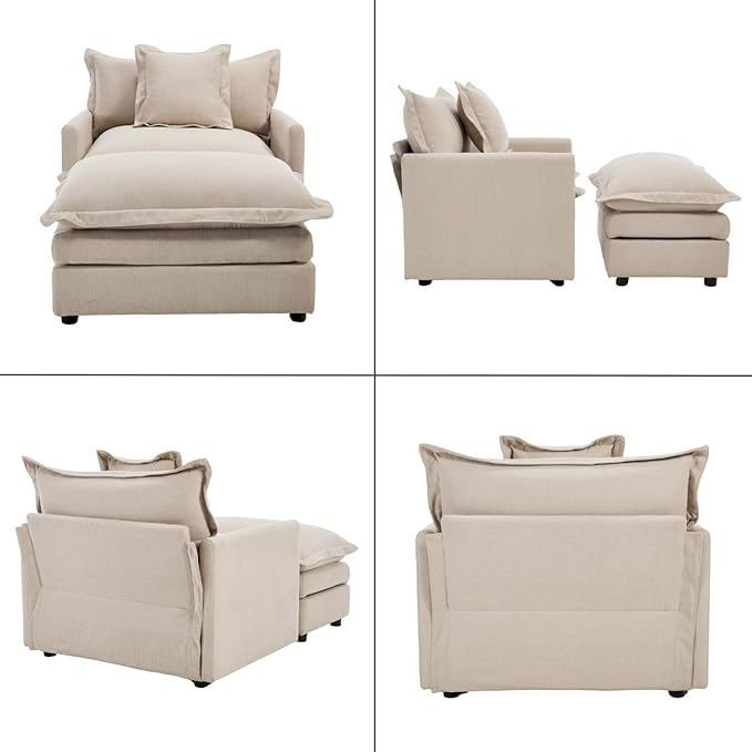chairus Oversized Chair with Ottoman Modern Linen Upholstered Single Sofa Living Room Chair Comfy Reading Accent Chair Armchair Chaise Lounge Chair Indoor for Bedroom Oatmeal Beige