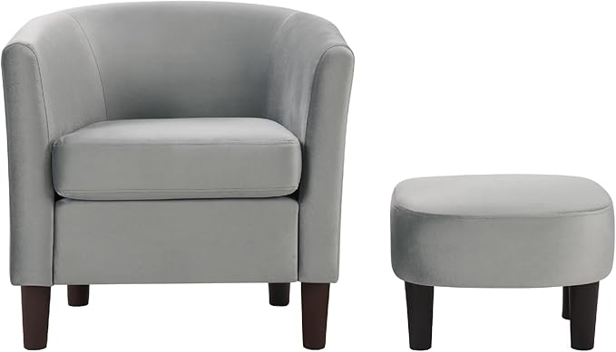 Velvet Accent Chair with Ottoman Modern Barrel Armchair Plush Lounge Chair for Living Room Bedroom Reading Nook 4 Colors (Gray)