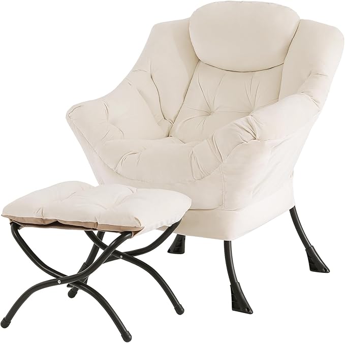Tiita Lazy Chair with Ottoman Beige Modern Large Accent Chair Comfy Leisure Sofa Armchair with Ottoman Reading Chair with Footrest for Bedroom Living Room Dorm Rooms Velvet Beige