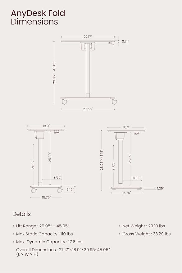 TopJob ANYDESK FOLD Mobile Standing Desk Portable with Lockable Wheels Foldable Stand Desk Rolling Computer Workstations Used for Home Couch Side Table Bedside Table in Bed Room Kitchen
