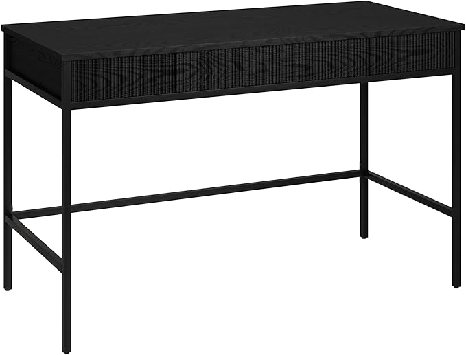 Henn&ampHart 48 Fluted Mid-Century Modern Rectangular Wooden Home Office Desk Computer Desk Writing Table with 3 Ribbed Storage Drawers for Bedroom Living Room or Home Office Ebony
