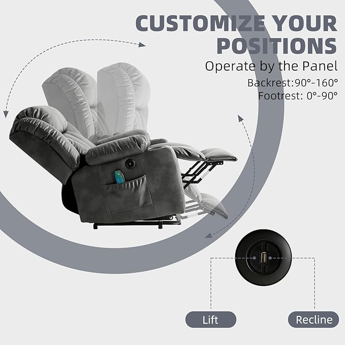 Power Lift Recliner Chair for Elderly Electric Recliner Chairs for Adults with Massage and Heat Cup Holders Remote Control USB Ports Side Pockets Leather (Aluminum Gray)
