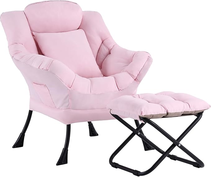 Lazy Chair with Ottoman Modern Accent Leisure Sofa Chair with Footrest Stool &amp Throw Pillow Modern Lounge Chair with Armrests for Living Room Pink