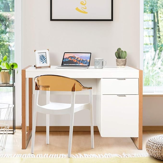 Tangkula Wooden Home Office Desk with Drawer &amp Cabinet PC Laptop Workstation Study Writing Desk Ideal for Bedroom Home Office (White &amp Natural)