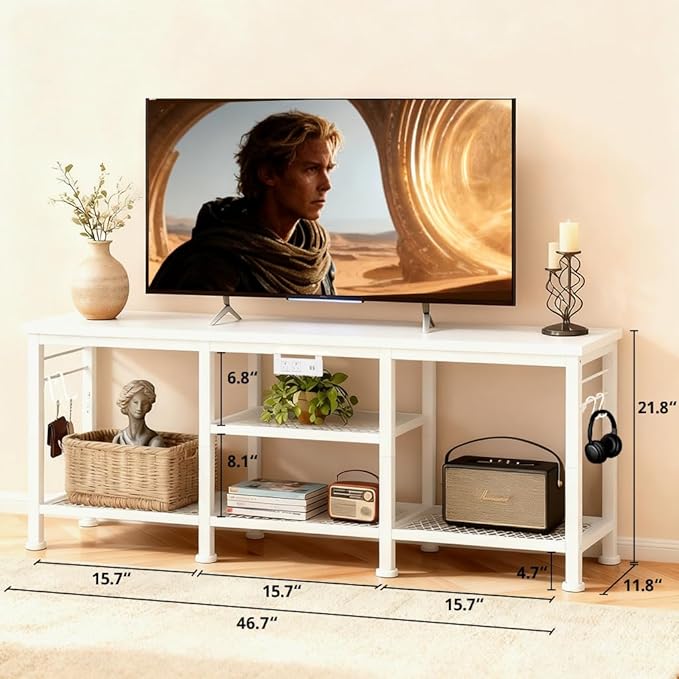 LUCKLIFE TV Stand with Charging Station for TVs up to 55 InchRustic Wood Entertainment Center with 3-Tier Storage ShelvesModern TV Media Console Table with 4 Hooks for Living RoomBedroom(White)