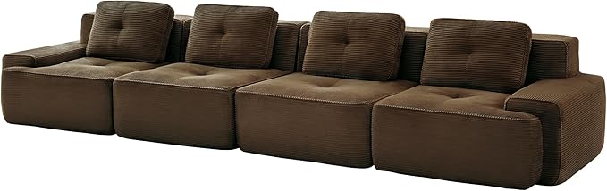 Casaphoria 150'' Brown Corduroy Cloud Couch 4-Seater Boneless Sectional Sofa with 4 Pillows for Living Room Deep Seat Sofa No Assembly Required