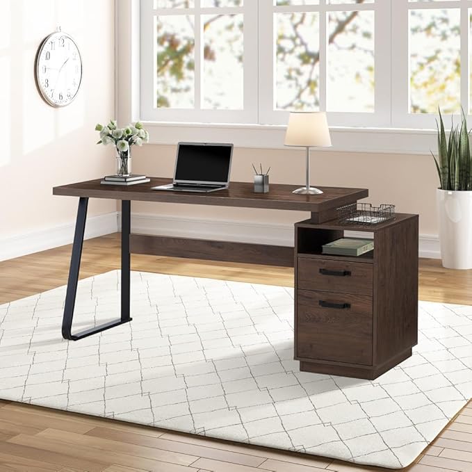 Home Office Computer Desk with Drawers/Hanging Letter-Size Files 65 inch Writing Study Table with Drawers