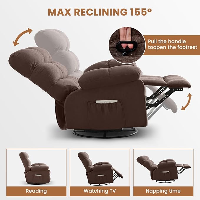 Swivel Rocker Recliner Chair for Adults 360° Upholstered Manual Recliners for Small Spaces Single Seat Glider Reclining Chair with Side Pockets Ergonomic Reading Chair for Living Room RV Bedroom