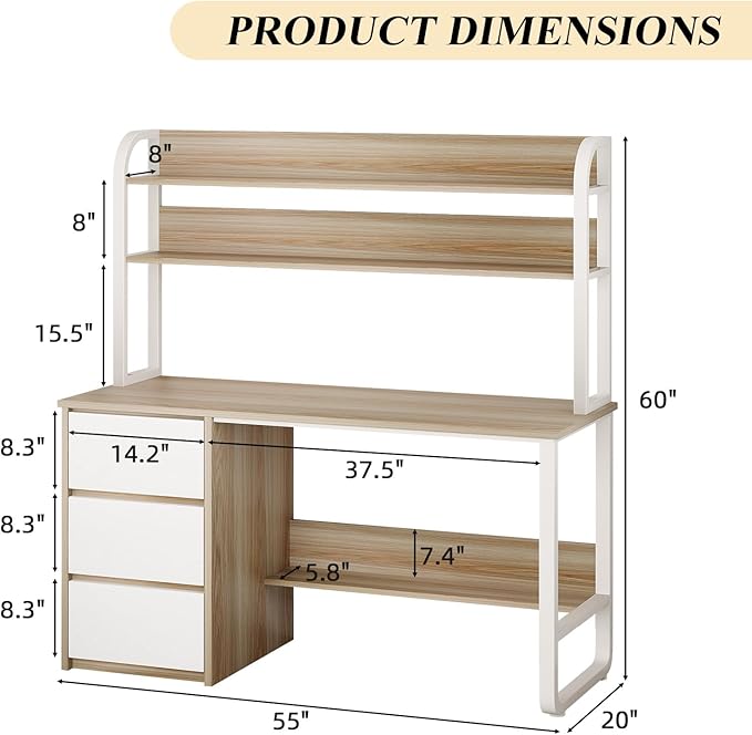 Computer Desk with 3 Drawers and Shelves 55 Inch Desk with Hutch for Small Spaces Study Writing Desk with Shelves for Bedrrom Adjustable Feet Walnut