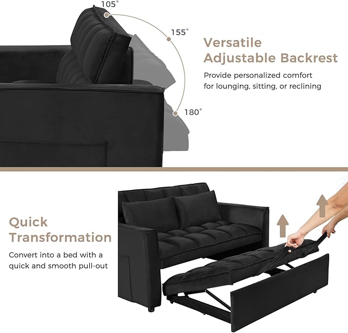 ANJ 3 in 1 Convertible Sofa Bed Pull Out Futon Loveseat Sleeper Sofa Couch with Adjustable Backrest Storage Pockets 2 Pillows for Living Room Bedroom