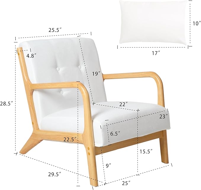 Mid Century Modern Accent Chair with Wood Frame Living Room Chairs with Waist Cushion Bedroom Chair with Arm for Reading (Beige)