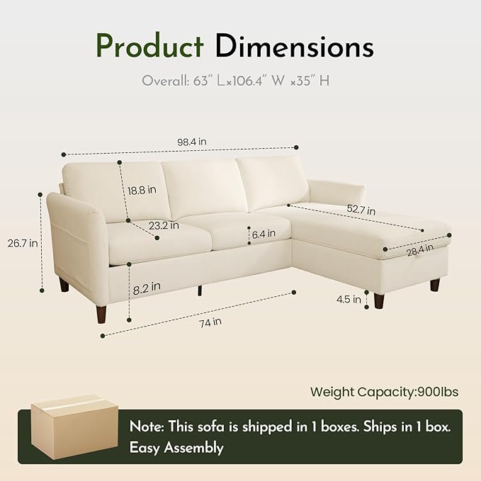 Convertible Sectional SofaCorduroy L-Shaped Couch with Reversible Storage Chaise3-Seater Sofa with Side Pocket for Living RoomBedroom and Office 106.7Beige