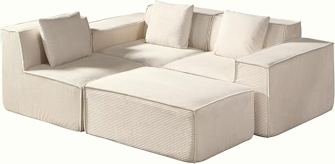 Harper Convertible Corduroy Sectional Couch with Ottoman &amp Pillows Modular L Shaped Sleeper Sofa Boneless Cloud Couch for Living Room Furniture Beige