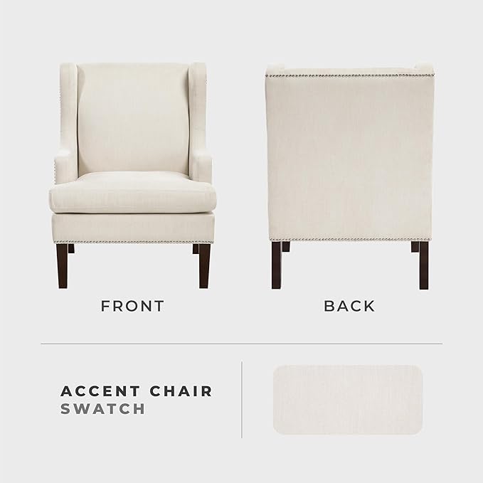 Lexicon Modern Accent Chair Textured Fabric Upholstered Arm Chair High Wingback and Nailhead Trim for Living Room/Bedroom/Office Beige
