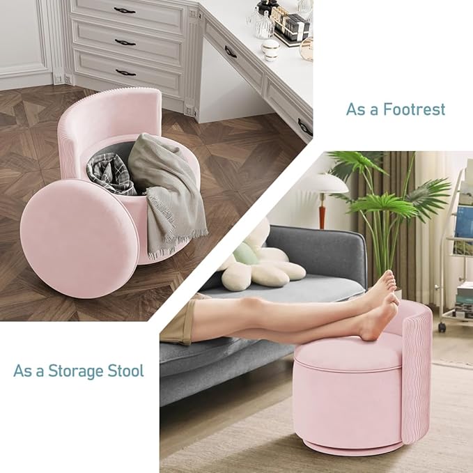 360° Swivel Accent Chair with Storage Vanity Stool with Back Velvet Storage Ottoman Upholstered Round Barrel Vanity Chair for Living Room Makeup Room Bedroom (Pink)