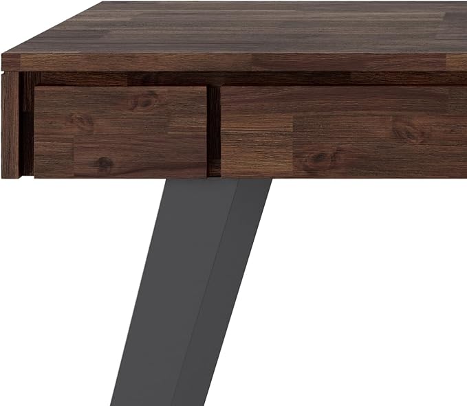 SIMPLIHOME Lowry Small Desk - 44 Inch Wide Solid Acacia Wood and Metal Writing Desk in Distressed Charcoal Brown Modern Industrial Home Office Table with 2 Drawers and Flip-Down Keyboard Tray
