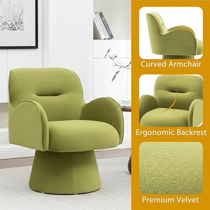Swivel Accent Chairs Modern Comfy Velvet Barrel Armrest Chairs with Curve Back Soft Cushion Olive Green Armchairs with Arms Small Round Chair for Small Spaces Bedroom Living Room