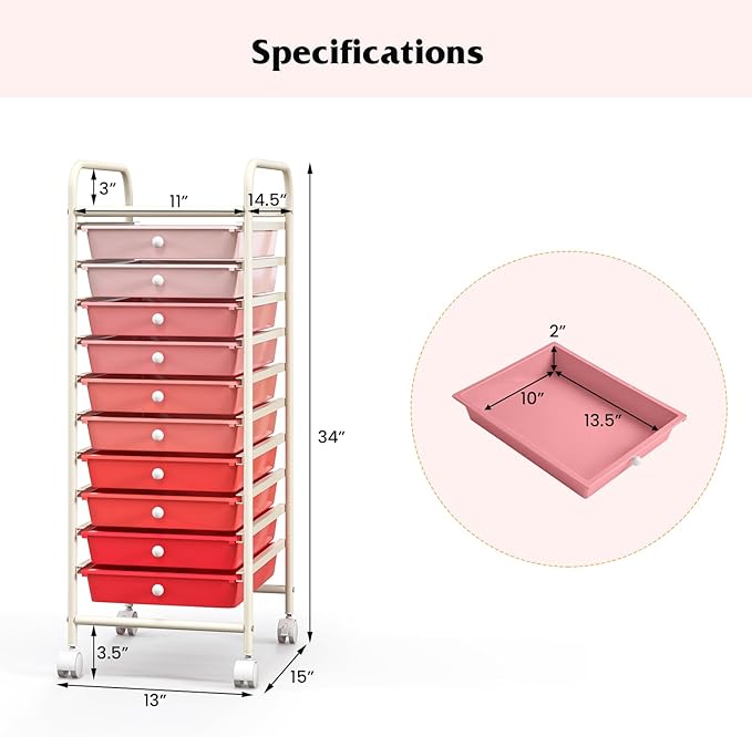 Giantex 10-Drawer Storage Cart w/Universal Wheel Rolling Cart w/Handle Home Organizer Storage Unit w/Removable Drawers Trolley Utility Cart for Kitchen Makeup Living Room Office Play Room