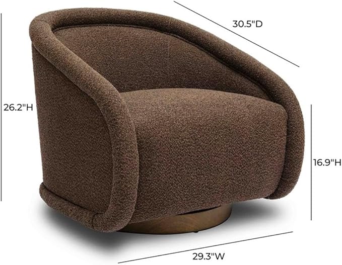 Pemberly Row Transitional Boucle Swivel Chair Chocolate Brown Solid Wood Base Shelter Arm Handmade Accent Chair for Living Room or Bedroom 360-Degree Swivel Function Wide Deep Seat