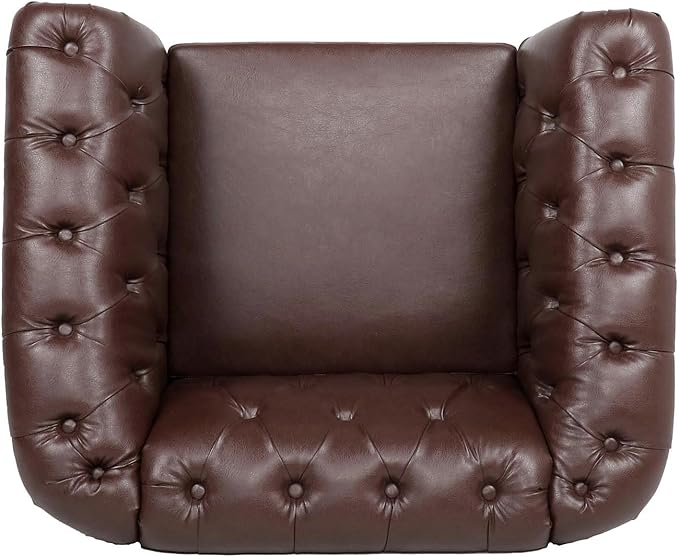Leather Chair Living Room Single Sofa Medieval Retro Tufted Cushion Accent Sofa Chair with Rolled Arms and Nailhead Cigar Chair for Bedroom Office Apartment Club Chairs (Dark Brown)