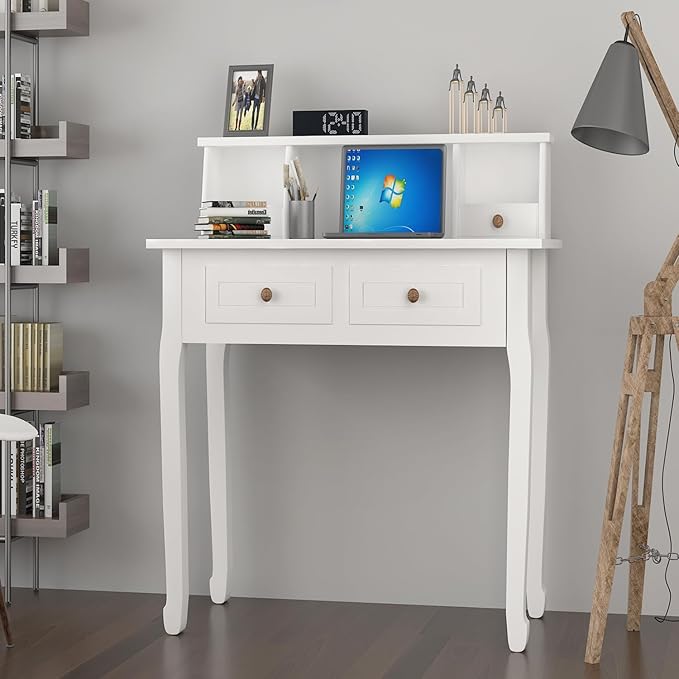 DMAITH Small White Writing Desk with Hutch – 32 Home Office Desk with Drawers | Compact Computer Desk Vanity Makeup Table for Bedroom or Study Room
