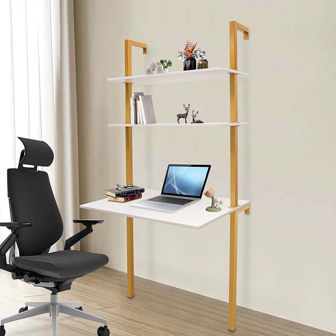 Wall Mounted Desk Ladder Desk 3-Tier Floating Bookshelf Computer Writing Table Open Storage Rack and Display Shelves for Home Office Living Room Bedroom