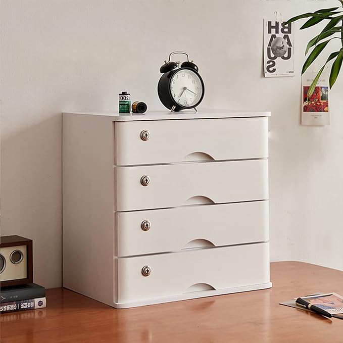 Desktop Storage Box with Drawers - Desktop File Cabinet with Lock Wooden Flat File Cabinet Storage Home Small Desktop Drawer Cabinet Desktop Storage Cabinet/Data Cabinet (D 4 Drawer)