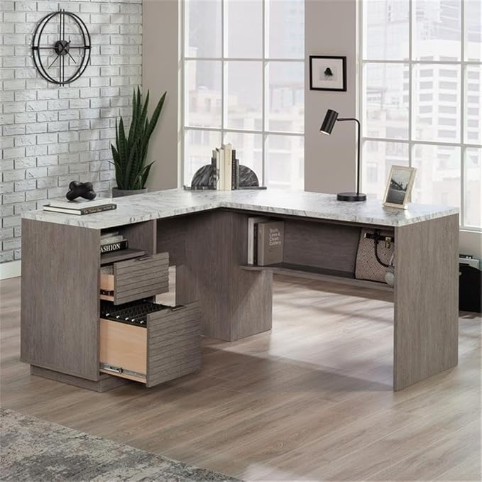 Pemberly Row Engineered Wood L-Shaped Desk 59 in x 58 in x 30 in Ashen Oak Finish Durable Home Office Desk with Storage Drawers and Shelves Compact Workspace for Study or Dorm Room Use