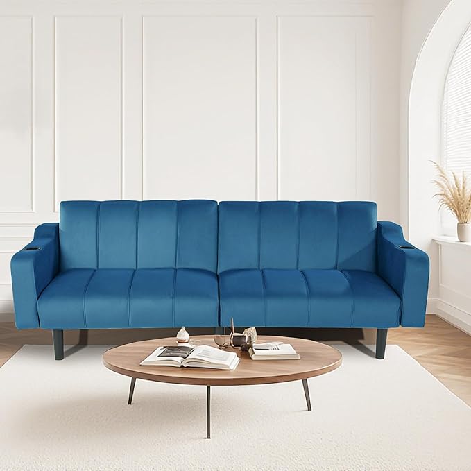 80 Velvet Futon Sofa Bed Convertible Sleeper Loveseat with Cup Holders &amp Storage Pockets Mid Century Modern Couch for Living Room Bedroom Office Small Space (Dark Blue)