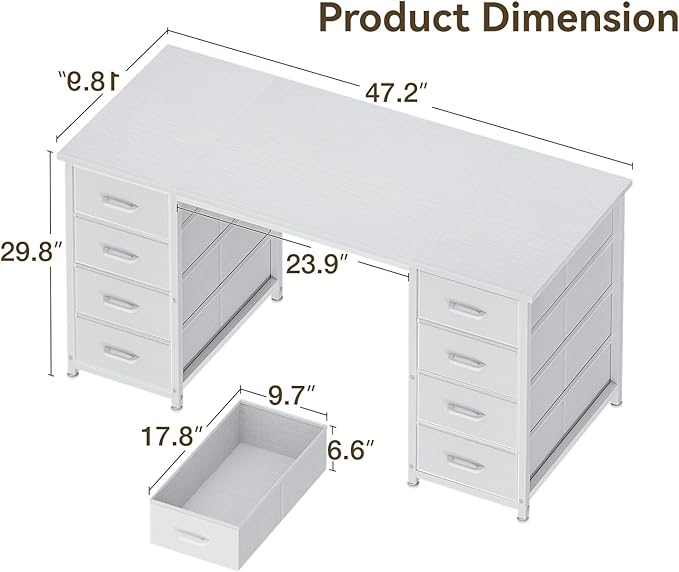 ODK 48 Inch White Computer Desk with 8 Fabric Drawers Modern Office Desk with Large Storage for Home Office Study Gaming White
