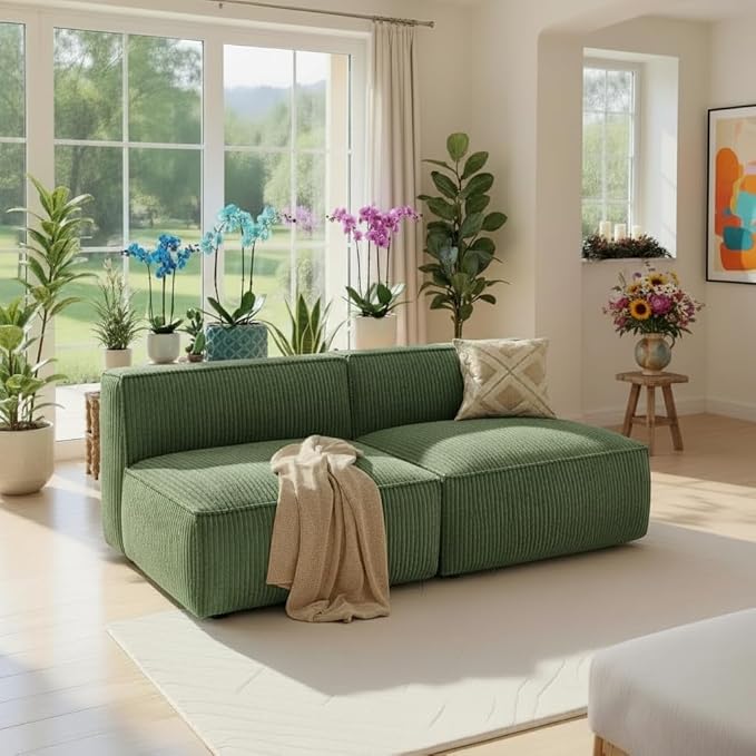 Pipishell Modular Sofa Cloud Couch with Deep Seat Corduroy Upholstered 2-Seater Couches for Living Room BedroomHigh Back No Assembly Required (Green)
