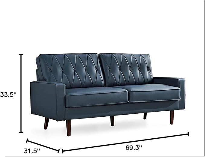 Container Furniture Modern Style Faux Leather Sofa with Elegant Round Tapered Legs and Button Tufted Backrest Perfect for Living Room Bedroom or Home Office 69.3’’ Wide Blue