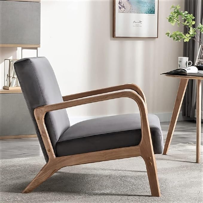 Classic Mid Century Modern Accent Chairs for Living Room or Bedroom Espresso Open ed Armchair with Plush Cushioning and Velvet Fabric Gray