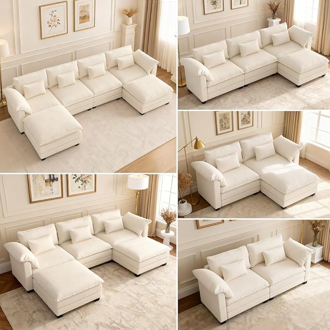 COMHOMA 153 U Shaped Sectional Sofa with Movable 2 OttomansComfy Cloud Modular Couch with Throw PillowsModern Chenille Deep Seat Sofa Couches for Living RoomBeige