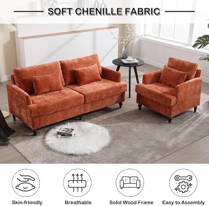2 Pieces Sofa Couch Set for Living Room 68'' Mid Century Modern Loveseat and Accent Chair Set Chenille Sofa Comfy Cloud Couch with Deep Seats for Small Spaces Apartment Bedroom Orange
