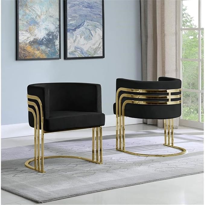 MAKLAINE Black Velvet Accent Barrel Leisure Chair 24 L x 22 W x 30 H Modern Design with Gold Chrome Legs Comfortable Minimalistic Style for Living Room or Bedroom Use